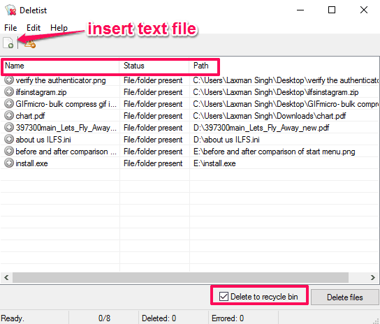 insert text file and delete files and folders