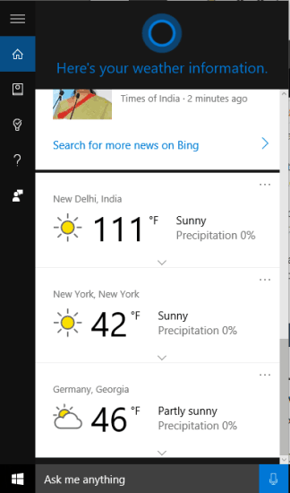 make cortana display weather for multiple cities