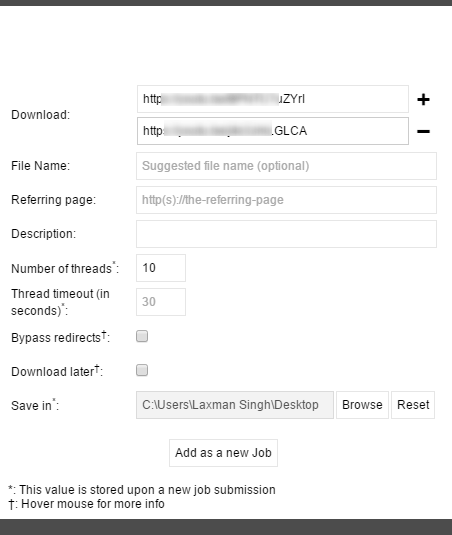 set number of threads and other options to download a file