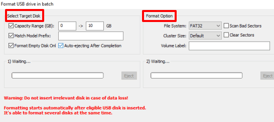 set parameters to format USB drives
