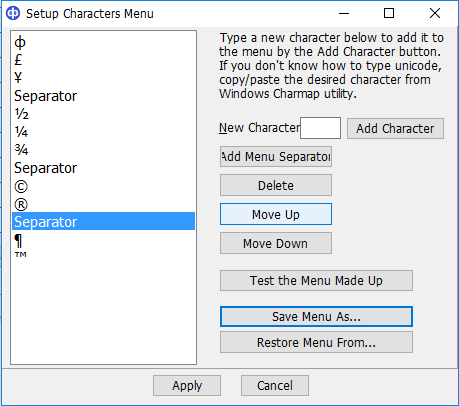 setup characters menu