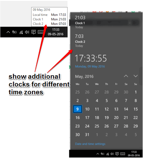 show additional clocks for different time zones in windows 10