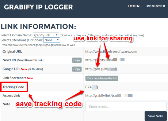 save tracking code and share url