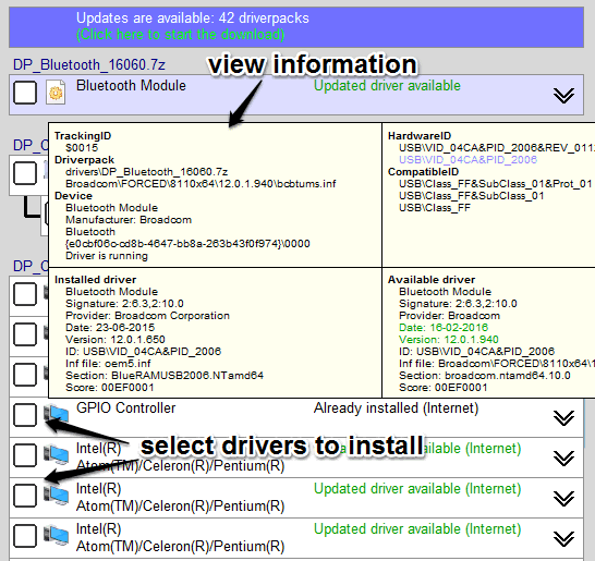 view information and select drivers to install