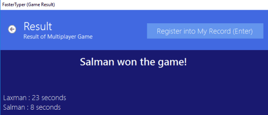 FasterTyper multiplayer typing competition result