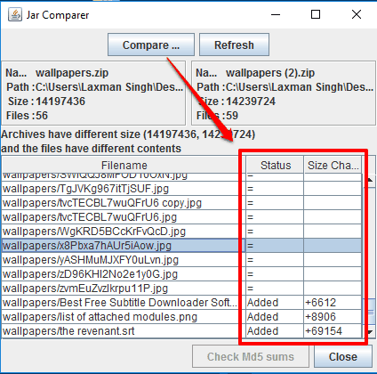 Jar Comparer- interface and result