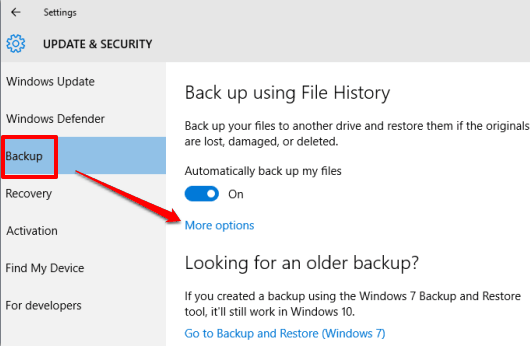 access More options in backup