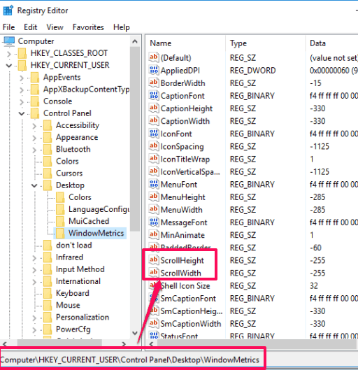 access WindowMetrics key