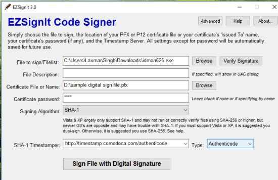 add details to sign an executable file
