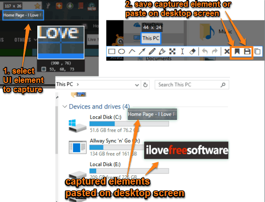 capture ui elements and paste on desktop screen or save