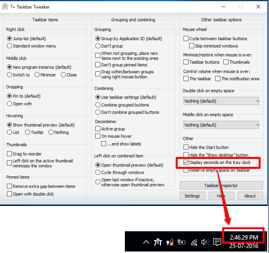 display seconds in system tray clock using 7 + taskbar tweaker