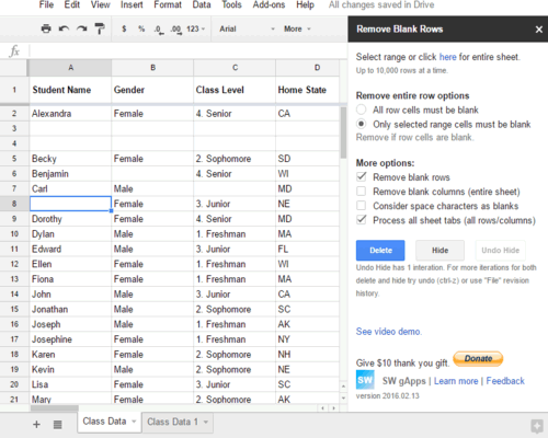 google sheets remove blank rows add-on
