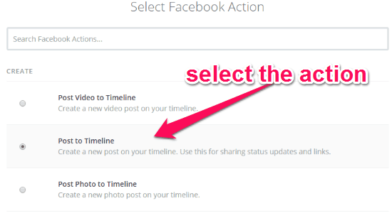 select facebook action