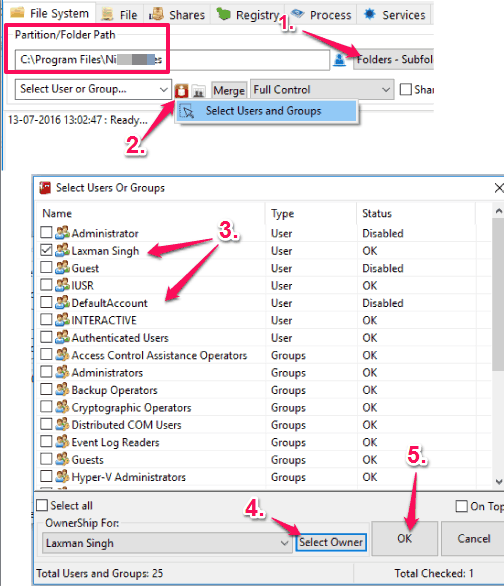 select users or groups for ownership for selected folder