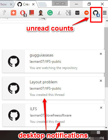 show unread counts and desktop notifications for github issues