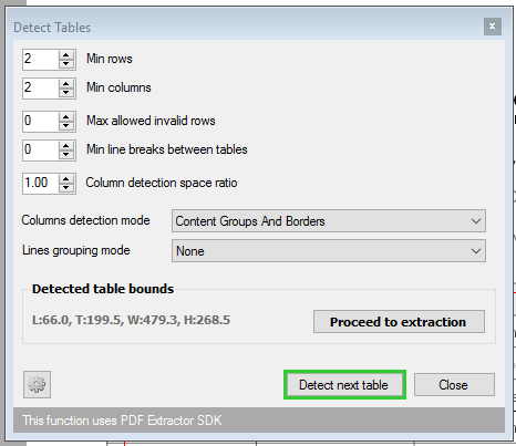 Detect Tables window