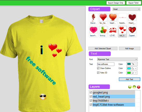 add custom text clipart and export tshirt