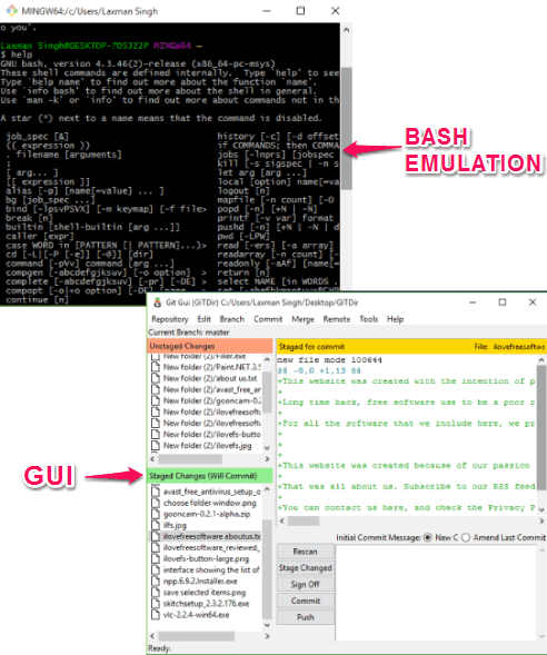 bash emulation and gui of Git desktop client