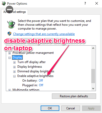 disable adaptive brightness on laptop
