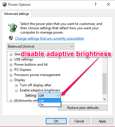 disable adaptive brightness ooption