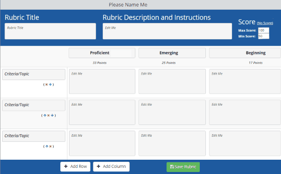 quick rubric creation page