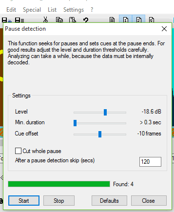 set pause detection settings