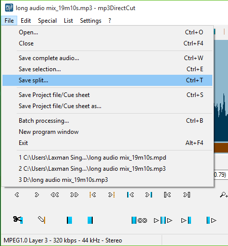 use save split option to extract audio tracks from long mp3