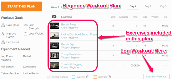 workout plan with logging option