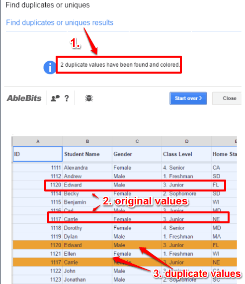 duplicates found and highlighted