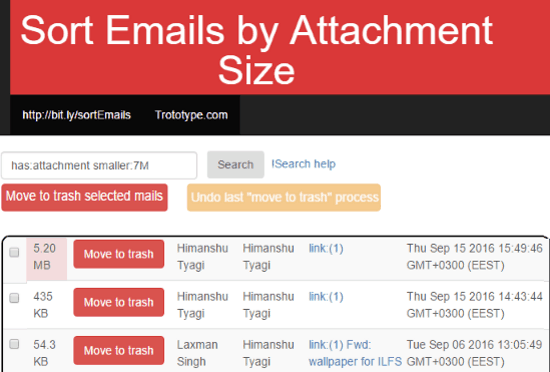Sort emails by attachment size