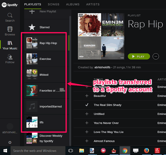 playlist transferred from one spotify account to another
