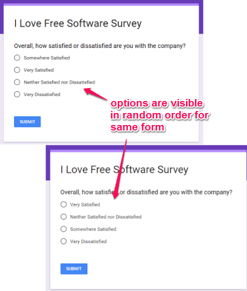 random options visible for same google form
