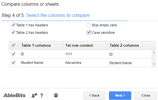select columns to compare