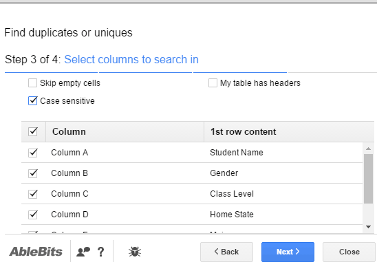 select columns to search