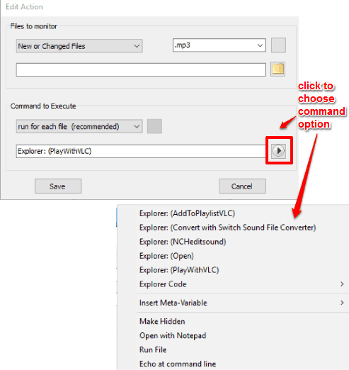 select folder for monitoring and set a command