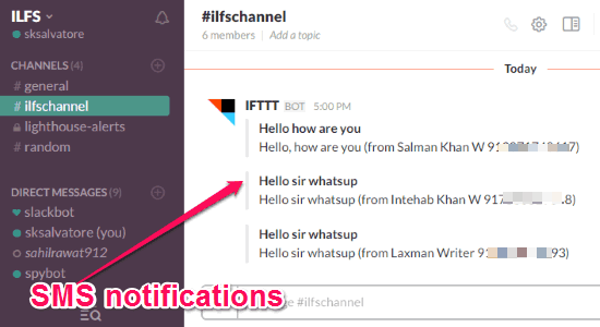 sms notifications on slack