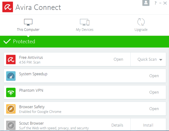 Avira Free Security Suite 2017- main interface