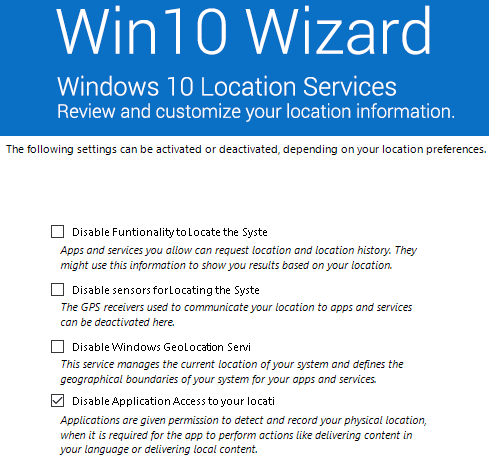 Windows 10 location services options