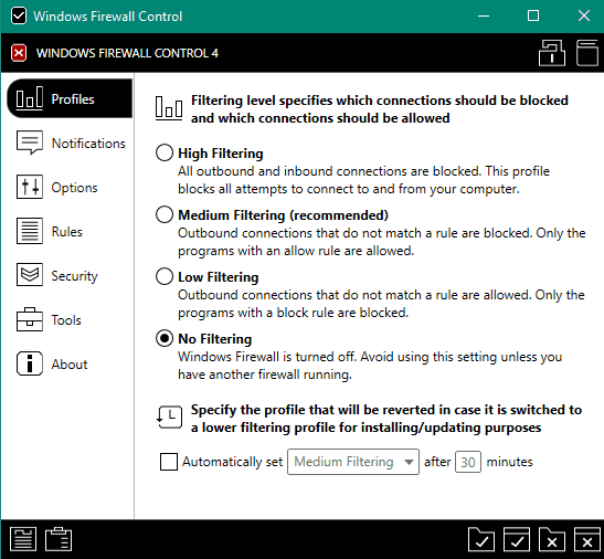 Windows Firewall Control- main interface