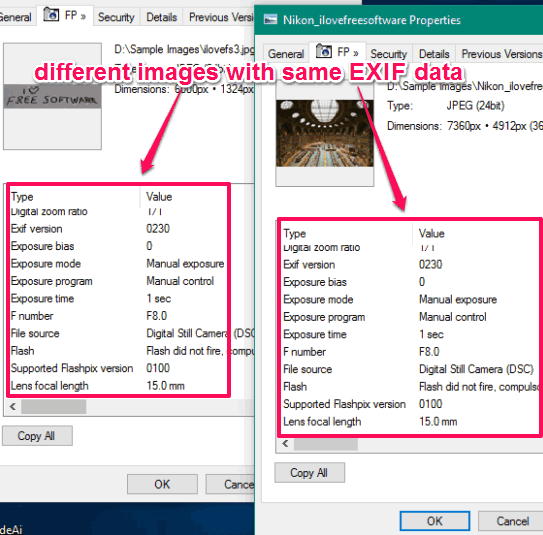 different images with same EXIF data