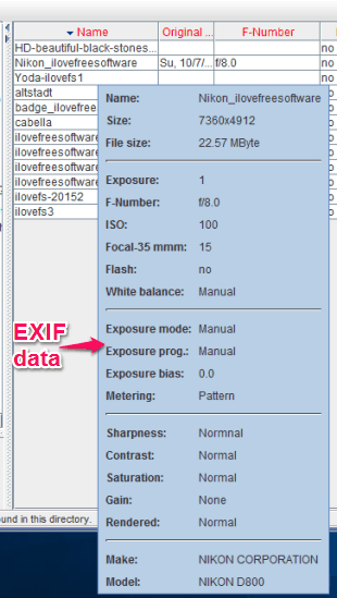 exif data visible in a pop-up