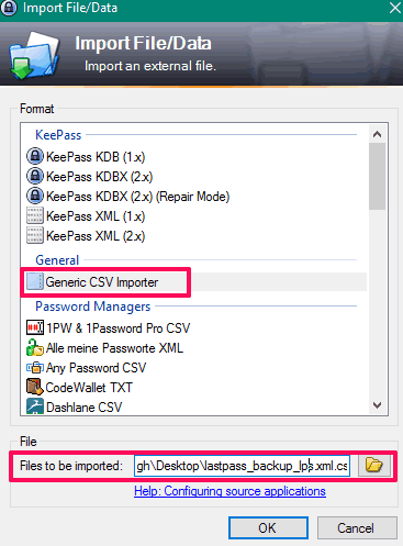 select generic csv importer option and add lastpass database file to import