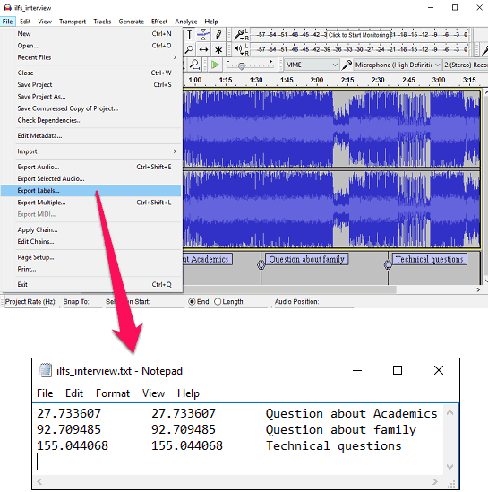 audio bookmark label export