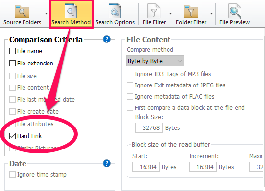 AllDup configuring to locate hard links in Find Hard Links PC