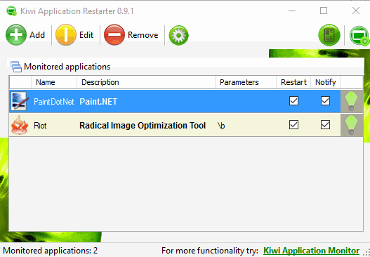 Kiwi Application Restarter- interface