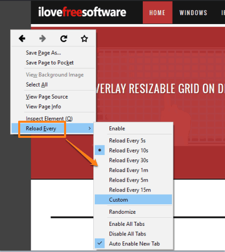 ReloadEvery context menu options