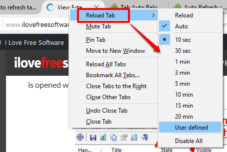 Tab Auto Refresh add-on options