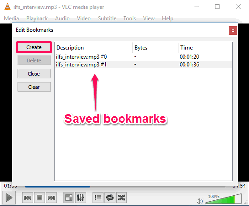 Audio tags bookmarking via VLC