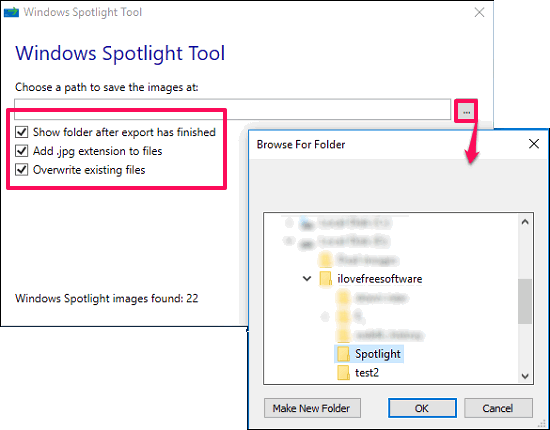 Windows spotlight tool target folder