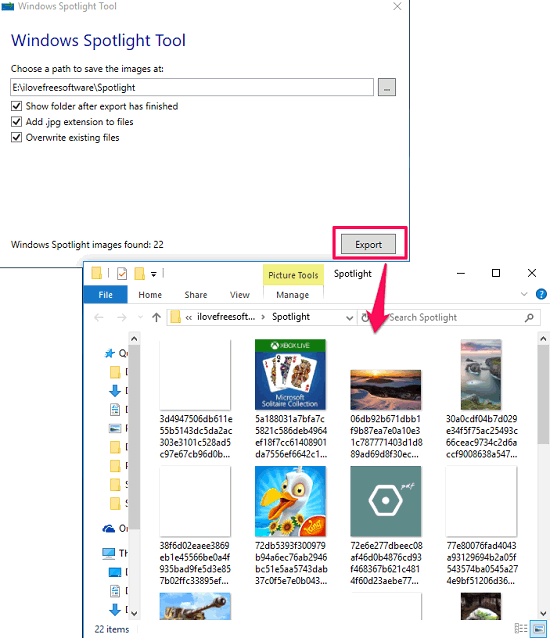 Windows spotlight tool export